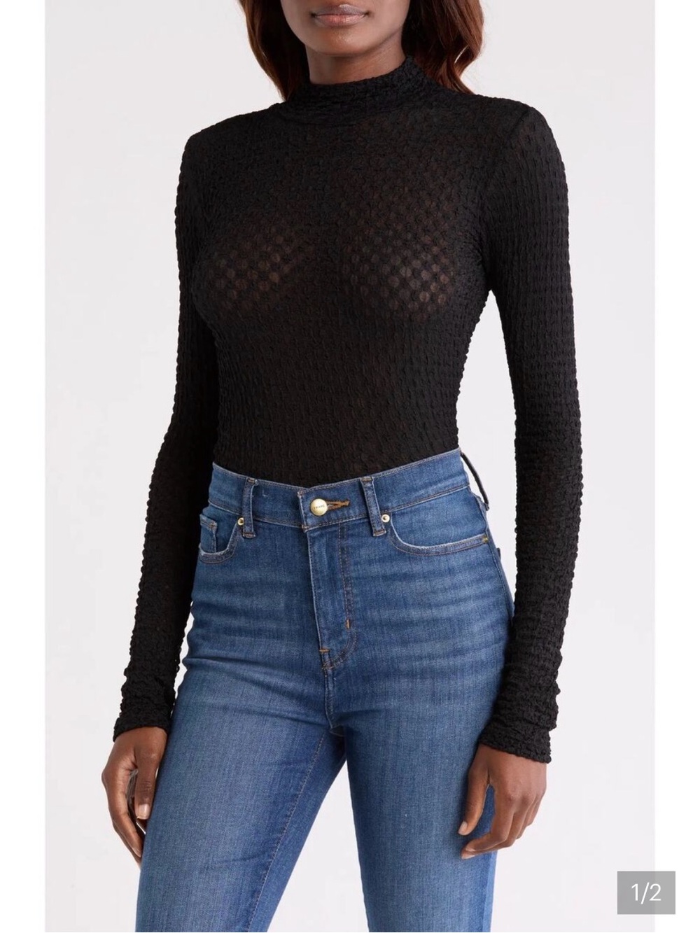 FRAME Black Mesh Mock Neck Long-Sleeve Top